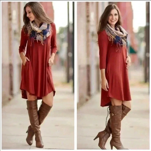 "Rose" Rust Long Sleevr V-Neck Dress with Pockets - Picture 3 of 4